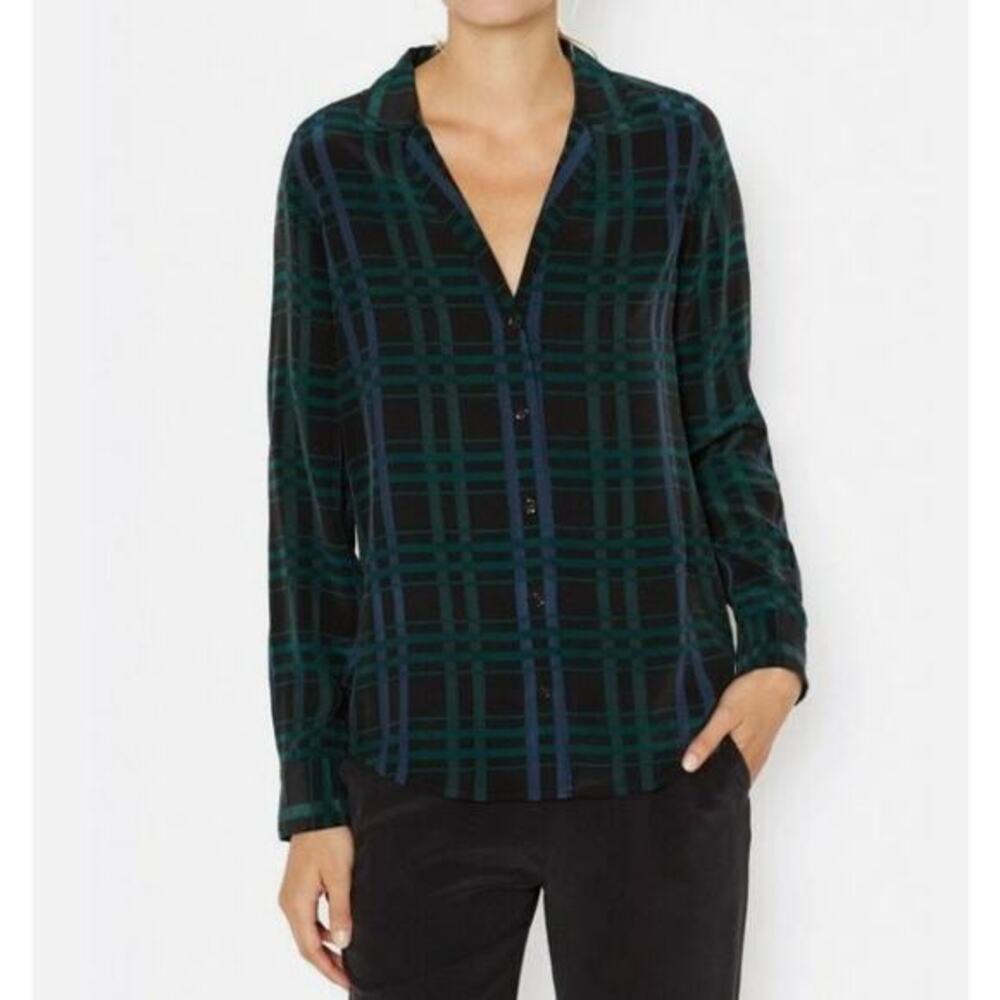 🛍️ Equipment Adalyn Plaid V-Neck Silk Shirt Blouse Ink Multi